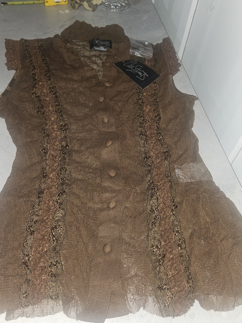 City Streets Brown Lace-Trim Button Front Sleeveless Top